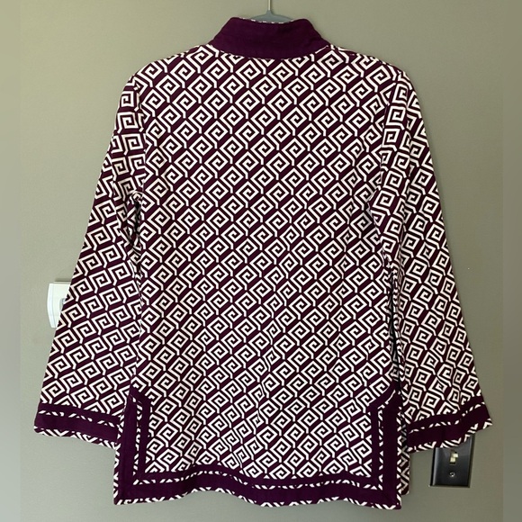 TORY BURCH Purple Wine & White Geo Print Long Sleeve Tunic Top Size 4 - Picture 2 of 7